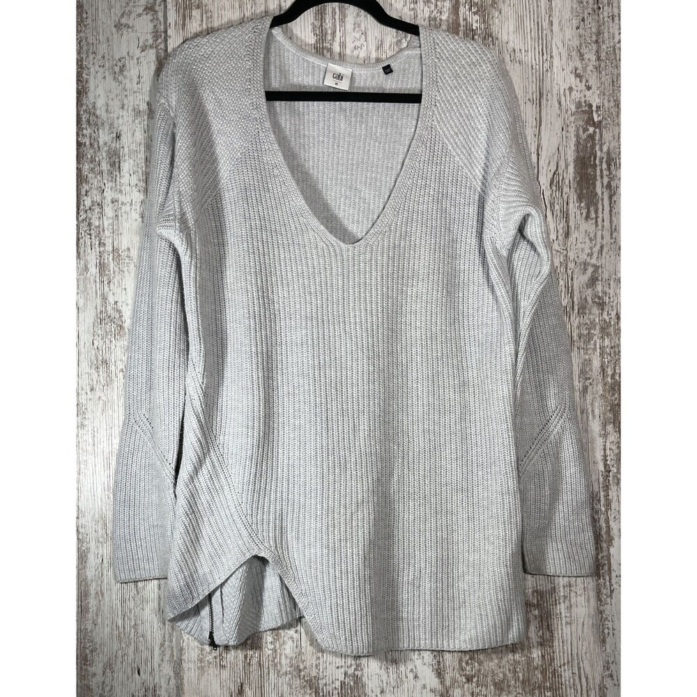 Cabi Deep V Pullover Sweater Ribbed Gray Zipper Tunic #3531 Size Medium